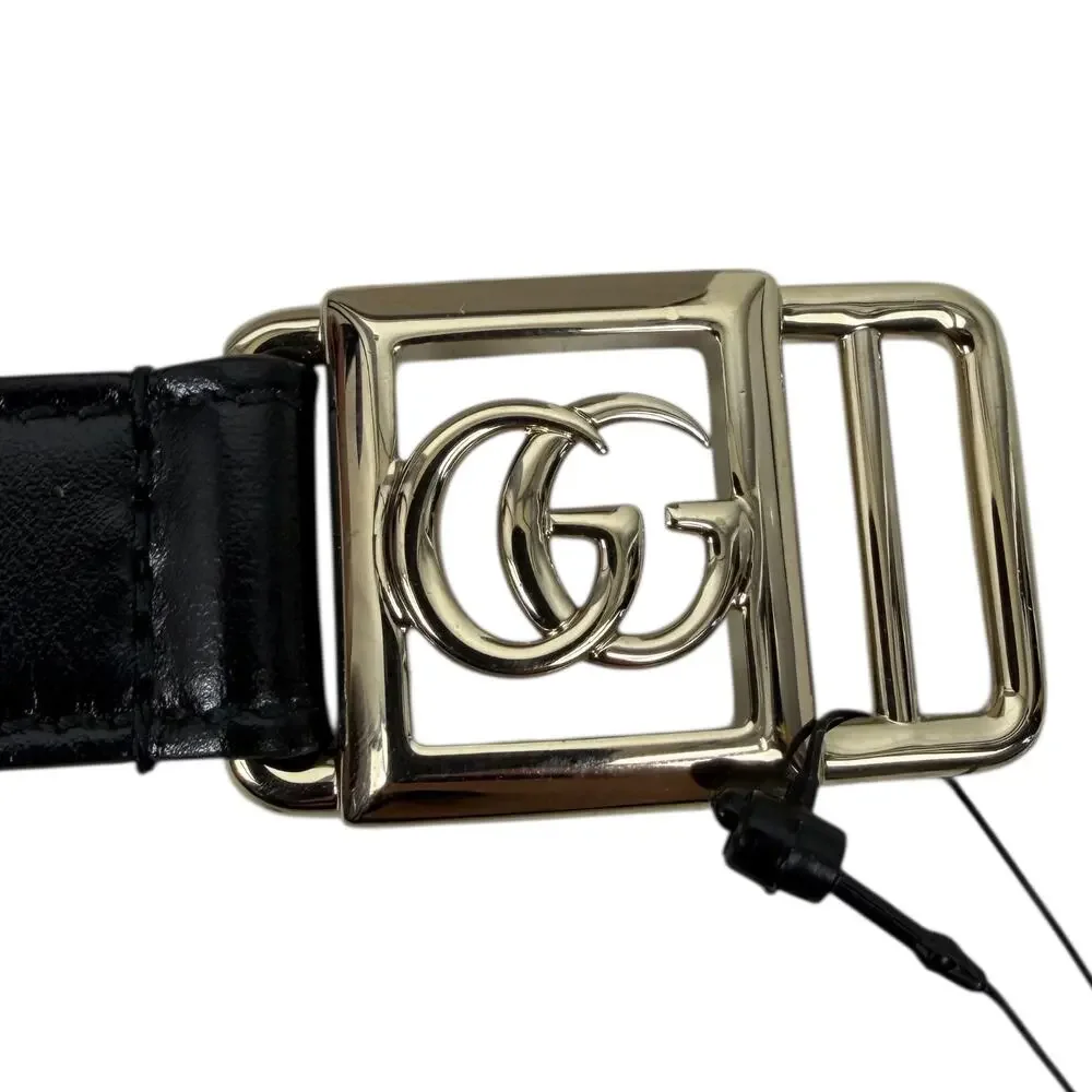 Gucci 20mm Leather Tie Belt Double GG Logo Black Silver Size 80/32